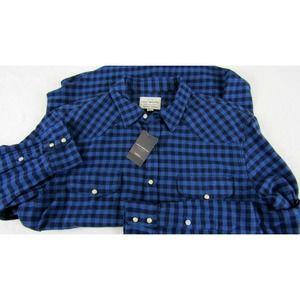 New Lucky Brand Saturday Stretch Men M Pearl Snap Blue Gingham Shirt Lightwt $70